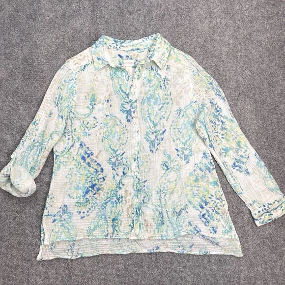 Chicos Top Sz 2 Womens Large Button Front Roll Tab Sleeve Gauzy Cotton Blouse - Picture 1 of 8